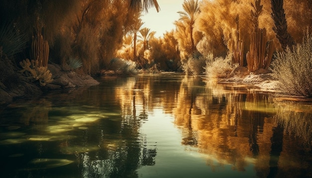 Il tramonto tranquillo riflette la bellezza naturale nell'avventura nella natura selvaggia generata dall'IA