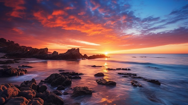 il tramonto tranquillo sul bordo delle acque della costa rocciosa riflette