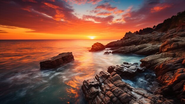 il tramonto tranquillo sul bordo delle acque della costa rocciosa riflette
