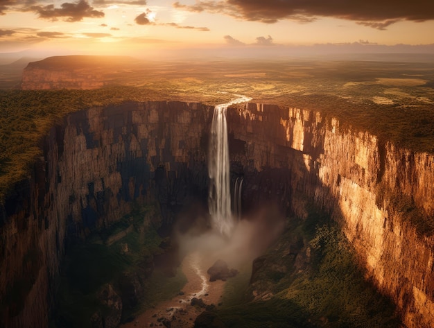 Il tramonto una cascata che copre la maggior parte della scogliera erutta dalla scogliera ripida con campi che collegano il cielo Una vista a volo d'uccello vista ad alto angolo presa a lungo generata da AI