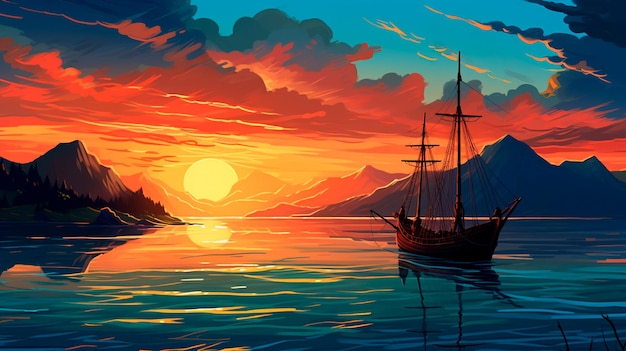 il tramonto vicino all'oceano e la nave a vela