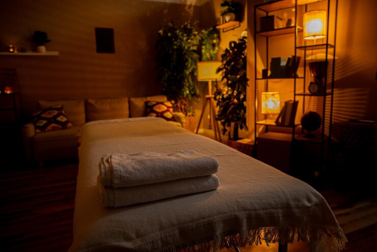 Foto il tranquillo ambiente della spa dispone di un accogliente tavolo da massaggio che invita al relax e alla serenità