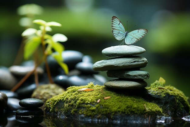 Il tranquillo giardino zen ospita una farfalla tra le pietre massaggianti delle terme