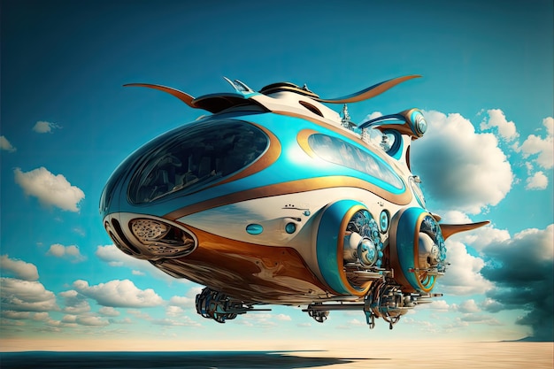 Il trasporto futuristico sotto forma di trasporto urbano volante sullo sfondo del cielo blu ha creato w