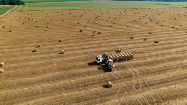 Il trattore agricolo carica la paglia di grano sul camion Vista aerea Macchine agricole