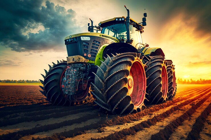 Foto il trattore agricolo con ruote potenti ara il campo agricolo vuoto