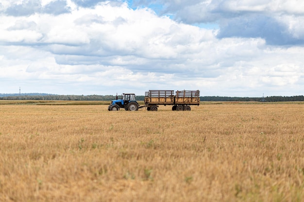 Il trattore blu corre nel campo