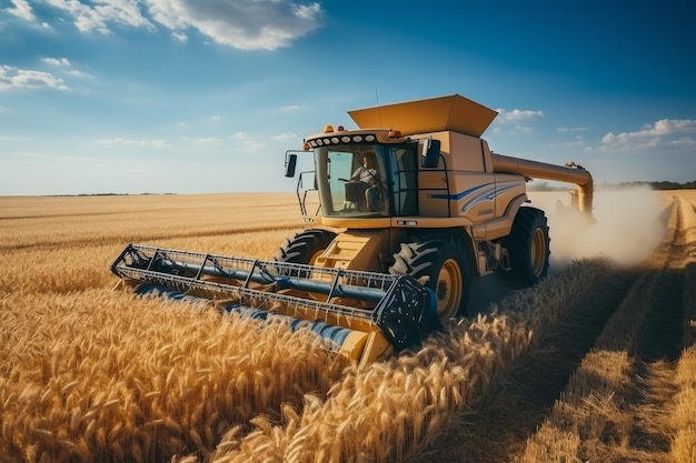 Il trattore giallo raccoglie nel campo di grano in estate visto dal suolo