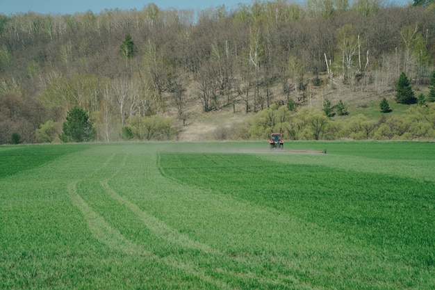 Il trattore sta lavorando su un campo verde