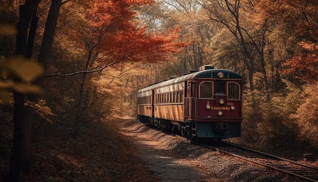 Il treno a vapore sfreccia attraverso la tranquilla foresta autunnale generata dall'intelligenza artificiale