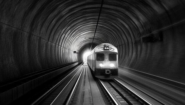 Il treno ad alta velocità corre attraverso il buio tunnel della metropolitana svanendo nella distanza generata dall'IA