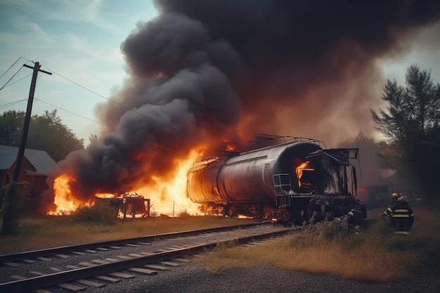 Il treno è deragliato esplodendo con fuoco e fumo Illustrazione dell'IA generativa