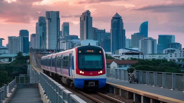 Il treno elettrico Bts skytrain in corsa con edifici per uffici commerciali sullo sfondo