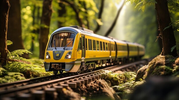 Il treno giallo passa attraverso la foresta verde