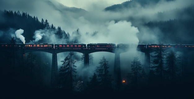 Il treno si muove sul ponte con il fumo di notte