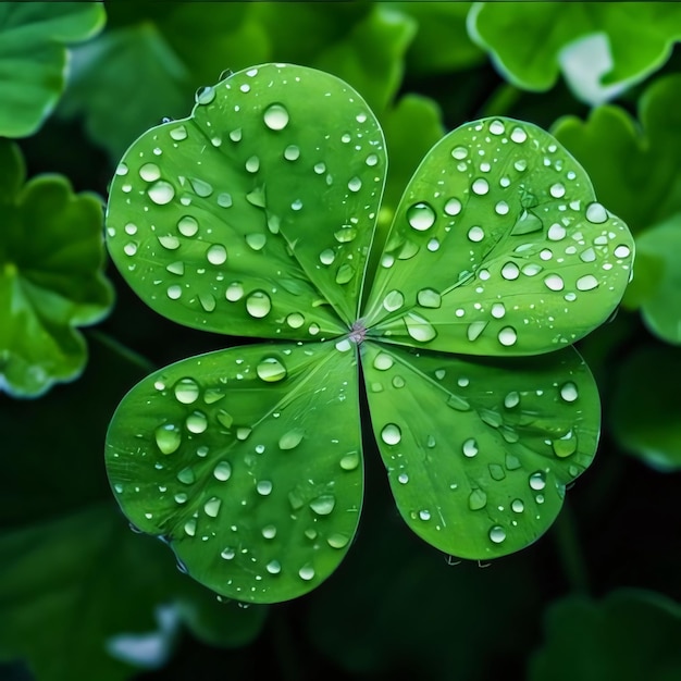 Il trifoglio verde a quattro foglie vista dall'alto piccole gocce di pioggia rugiada Il trifoli verde a quattro Foglie simbolo del giorno di San Patrizio