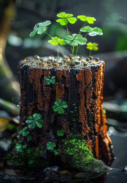 Il tronco dell'albero è coperto di muschio verde e trifoglio