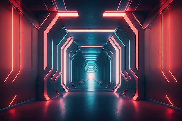 Il tunnel al neon vuoto della futuristica rete scifiLa tecnologia AI ha generato l'immagine