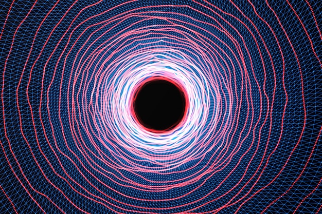 Il tunnel di velocità astratto si deforma nello spazio, nel wormhole o nel buco nero, scena del superamento dello spazio temporaneo nel cosmo. Rendering 3d