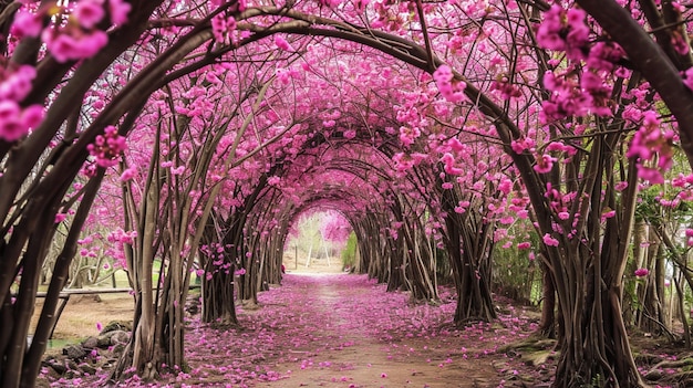 Il tunnel romantico degli alberi a fiori rosa Generative Ai