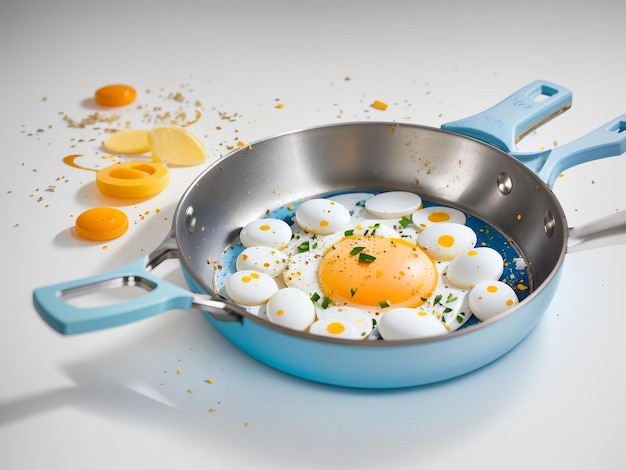 Il tuorlo d'uovo d'oro in una padella blu Foto editoriale