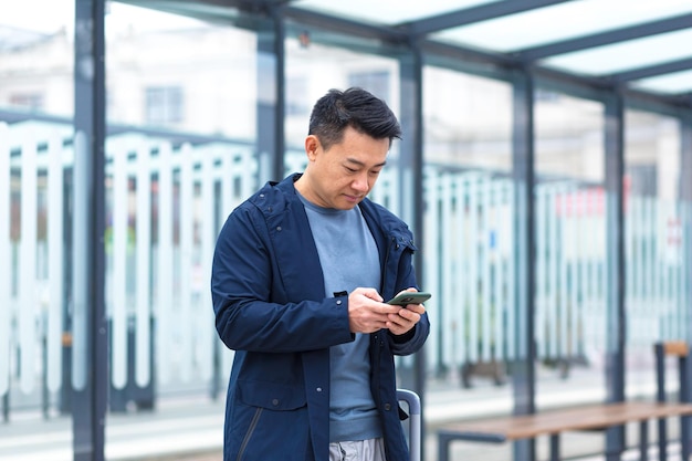 Il turista cinese anziano utilizza l'app del telefono cellulare per prenotare un alloggio e chiamare il taxista vicino all'aeroporto con la valigia