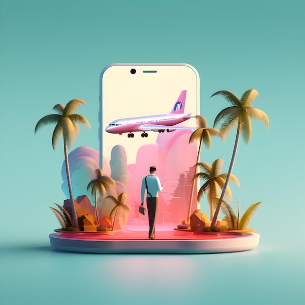 Il turista prenota un volo utilizzando lo smartphone acquistando biglietti online aereo che vola illustrazione 3d