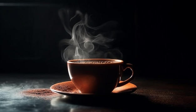 Il vapore caldo sorge da un elegante caffè nero su un piatto di legno generato dall'intelligenza artificiale