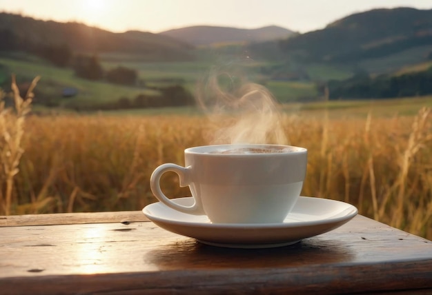 Il vapore del caffè appena preparato in una tazza sul tavolo a casa