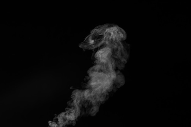 Il vapore di fumo denso e arricciato bianco che sale è isolato su sfondo nero per sovrapporre le tue foto Sfondo di vapore