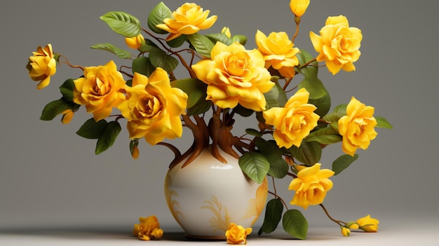 Il vaso ha rose gialle ramificate al centro ad alta risoluzione Ai ha generato arte