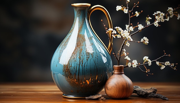 Il vaso in legno contiene ceramiche antiche che mostrano eleganza rustica e freschezza generate dall'intelligenza artificiale