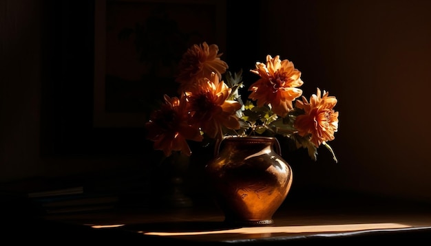 Il vaso rustico contiene un bouquet ornato di fiori multicolori generati dall'intelligenza artificiale