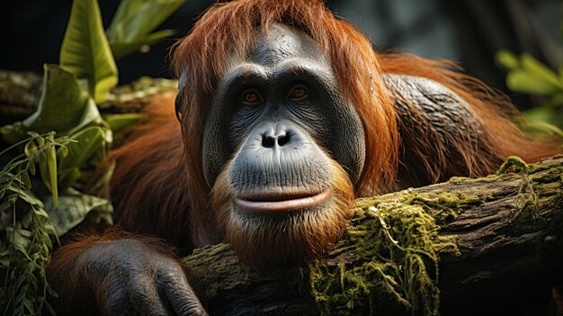 Il vecchio animale orangutan riposa nella foresta pluviale tropicale