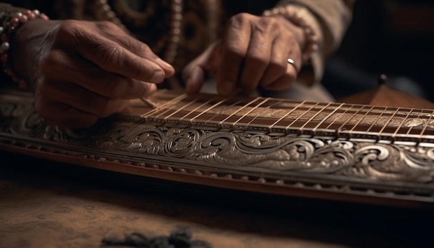 Il vecchio artigiano realizza abilmente la chitarra al chiuso generata dall'intelligenza artificiale