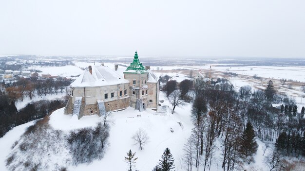 Il vecchio castello di Olesky in Ucraina veduta aerea in inverno con la neve