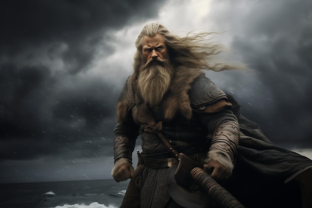 Il vecchio dai capelli grigi, il dio scandinavo Odino, è su una nave, illustrazione della mitologia vichinga.