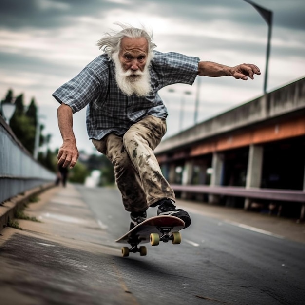 Il vecchio fa lo skateboard veloce.