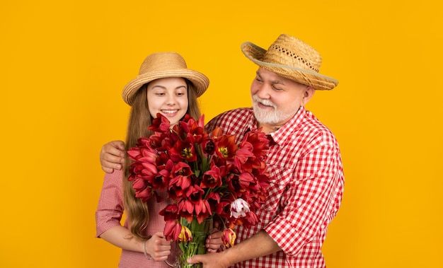 Il vecchio nonno felice con la nipote tiene i fiori del tulipano sul giorno delle donne di sfondo giallo