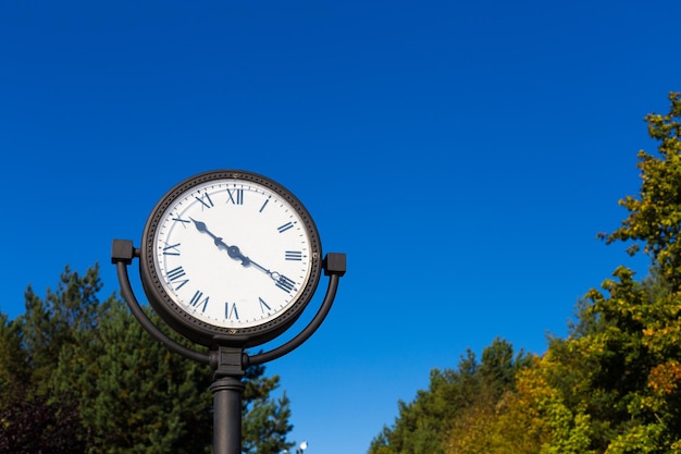 Il vecchio orologio in strada nel parco autunnale con vista sul cielo e sugli alberi.