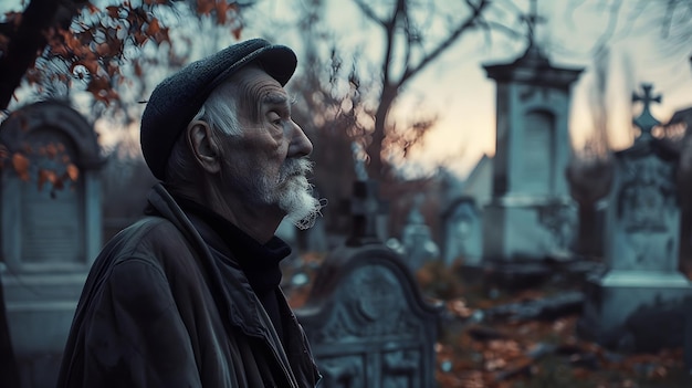 Il vecchio piange la perdita in mezzo al cimitero il dolore silenzioso nel cimitero
