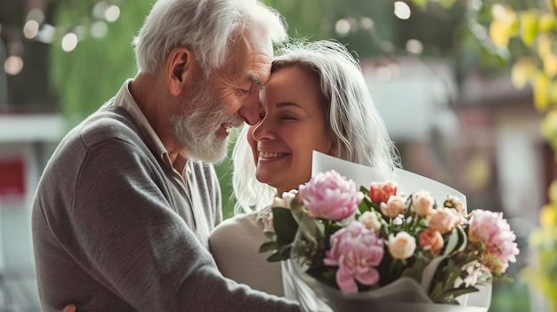 Il vecchio sorprende la moglie con un fiore