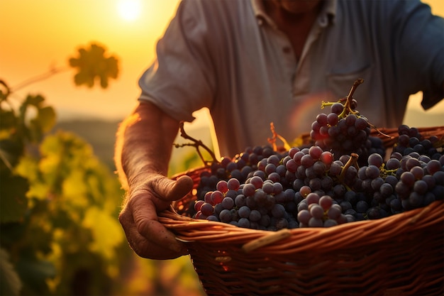 Il vecchio uomo che tiene l'uva cesto di vendemmia stagione vinificazione