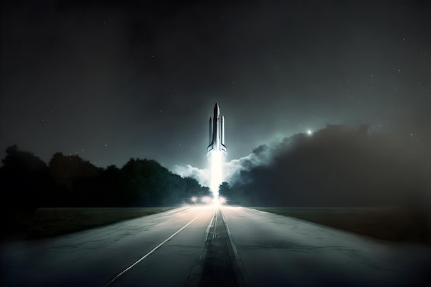Il veicolo spaziale decolla dalla rampa di lancio sulla terra Esplorazione spaziale conquista di altri pianeti Fumo e fiamme dai motori a razzo del veicolo spaziale