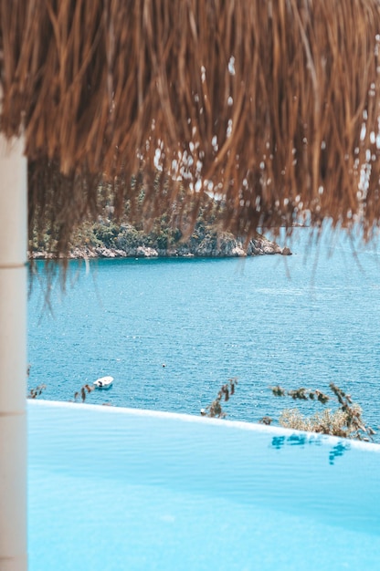 Il vento soffia erba secca sull'ombrellone. Capanna di bambù con vista sul mare