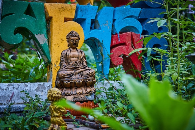 Il verde circonda la piccola statua del Buddha e le scritte colorate