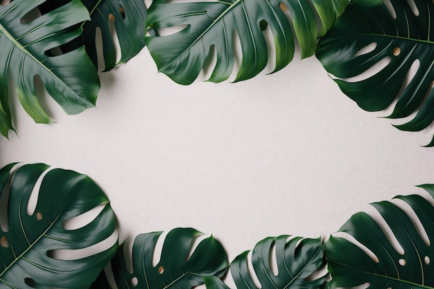 Il verde lascia il layout della cornice natura monstera del cespuglio di piante tropicali su sfondo bianco