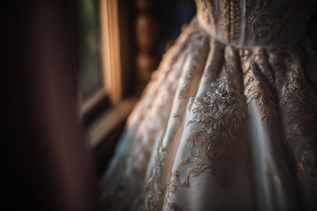 Il vestito di una sposa è appeso a una finestra.
