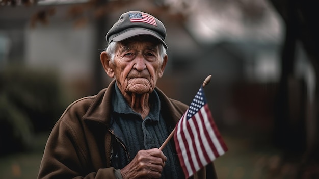 Il veterano maschio anziano sostiene una bandiera americana per il giorno della memoria