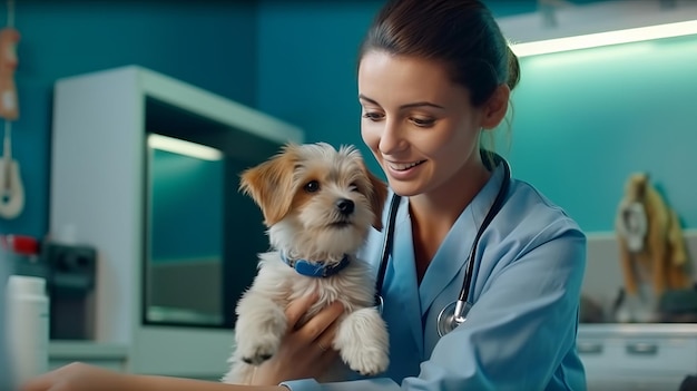 il veterinario esamina il cane durante l'appuntamento in clinica veterinaria